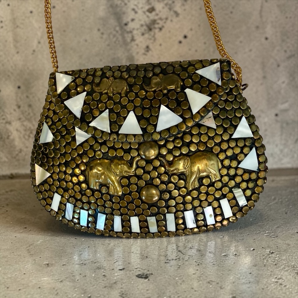Vintage Boho Elephant Studded Crossbody Gold Chain MOP Inlay Statement Metal Bag